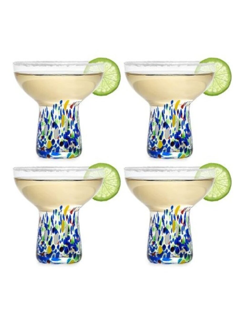 Handblown Margarita Glasses Set Of 4 With Colorful Blue & Yellow Confetti Design